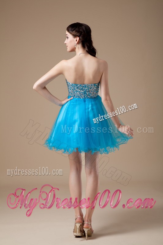 Cheap Beaded Strapless Princess Mini-length Prom Dresses in Teal Organza